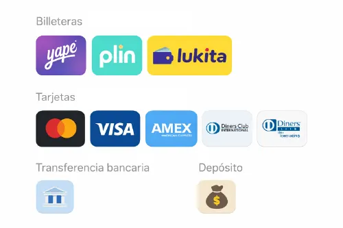 Métodos de pago aceptados por Izipay en Perú: Yape, Plin, Lukita, Visa, Mastercard, American Express, Diners Club, transferencia bancaria y depósito.