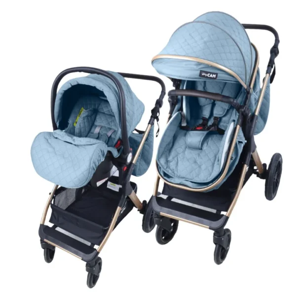 Coche de bebé tipo travel system en color celeste con portabebé desmontable