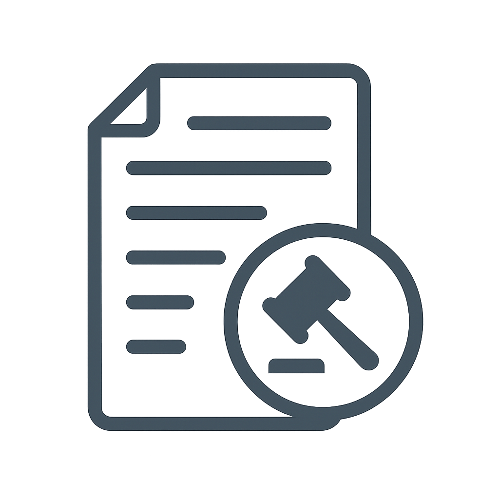 Ícono legal de documento con mazo judicial representando derechos arco