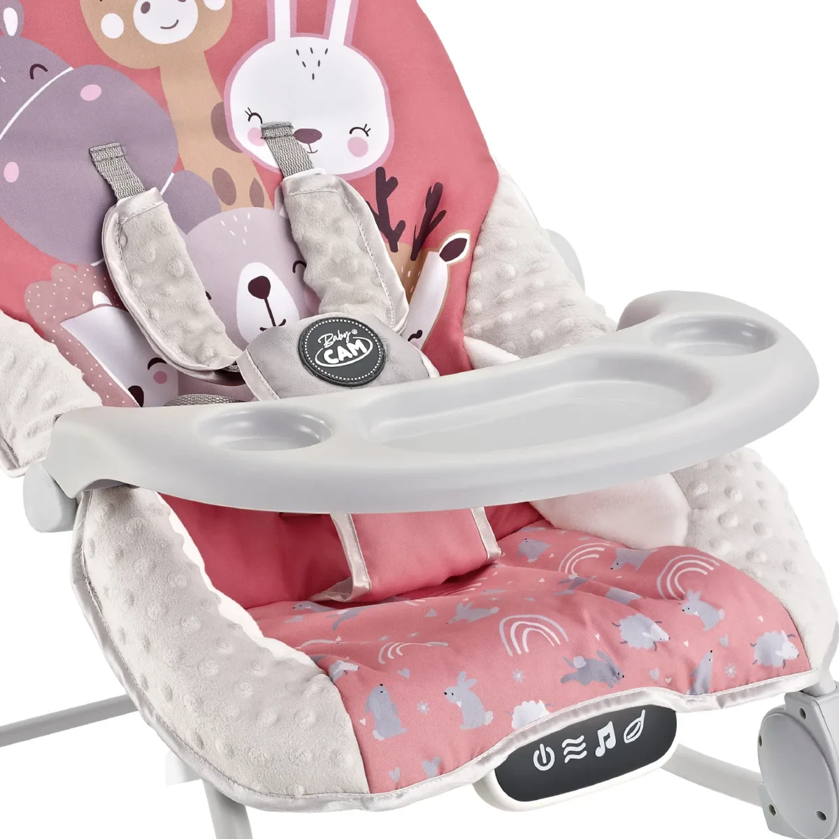 silla Bouncer Baby Cam con vibración, bandeja desmontable, música y diseño colorido