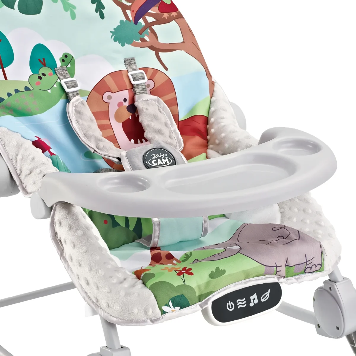 silla Bouncer Baby Cam con vibración, bandeja desmontable, música y diseño colorido