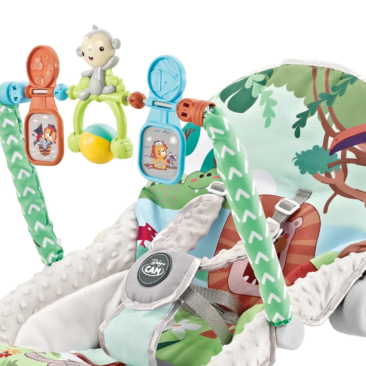 silla Bouncer Baby Cam con vibración, bandeja desmontable, música y diseño colorido