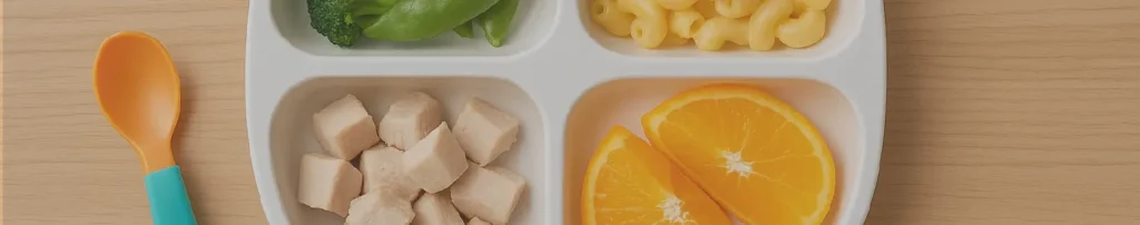 Plato infantil dividido con frutas, verduras, pasta y pollo junto a cuchara para bebé