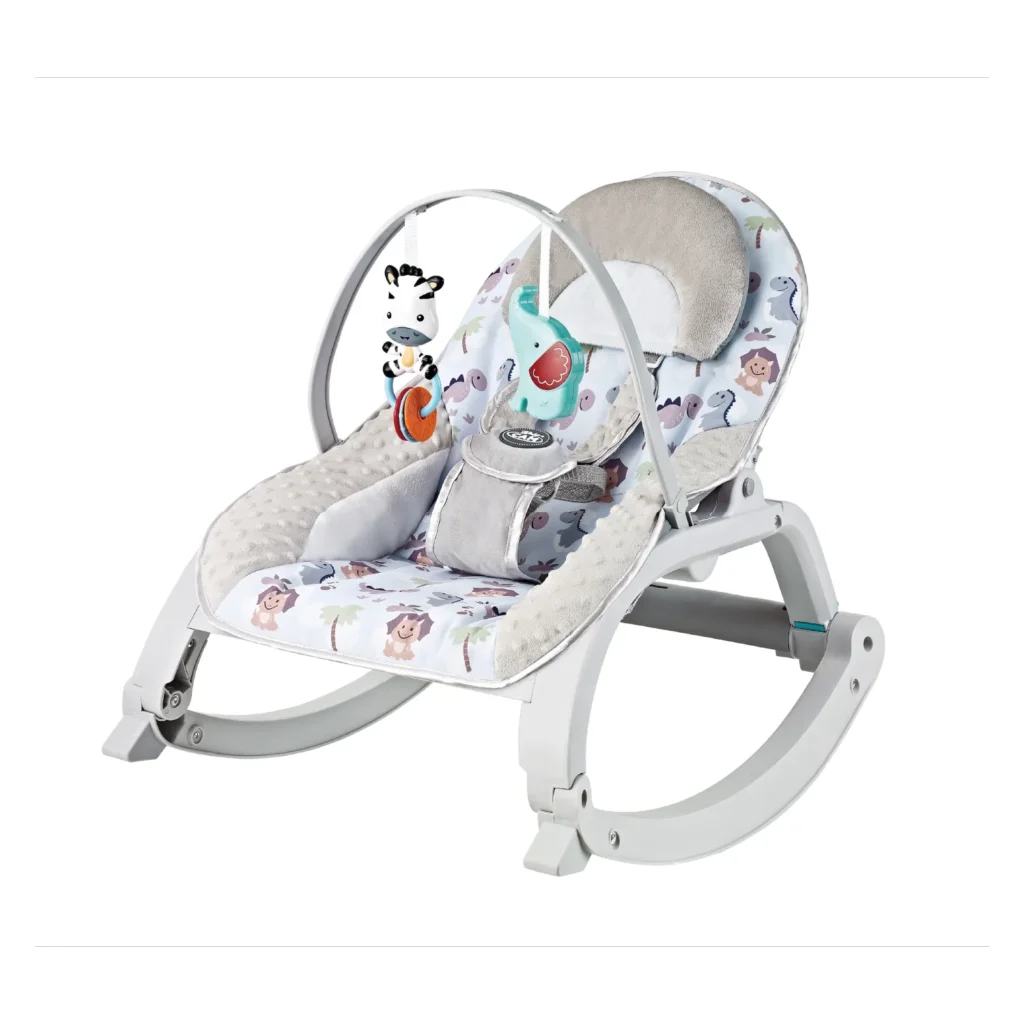 Baby bouncer Baby Cam celeste con juguetes colgantes y diseño de animales