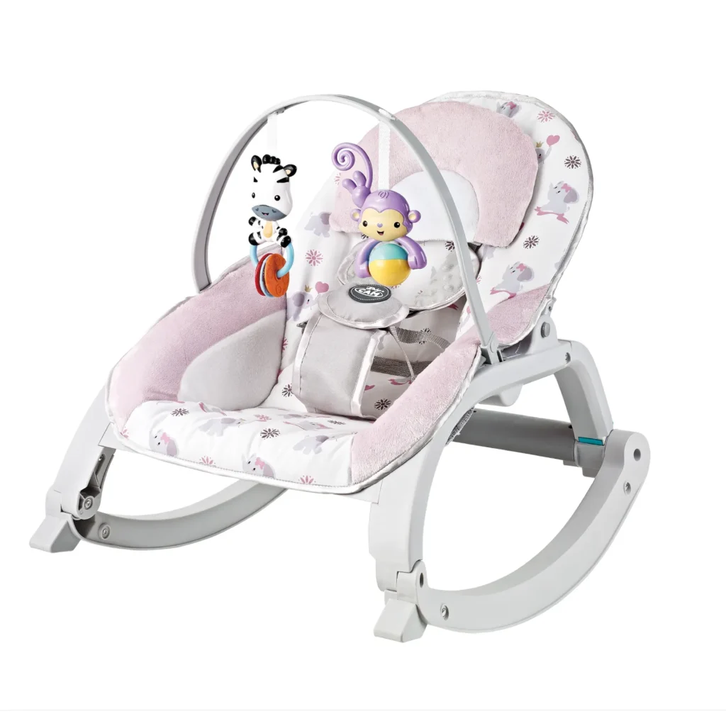 Baby bouncer Baby Cam rosado con juguetes colgantes y diseño de animales