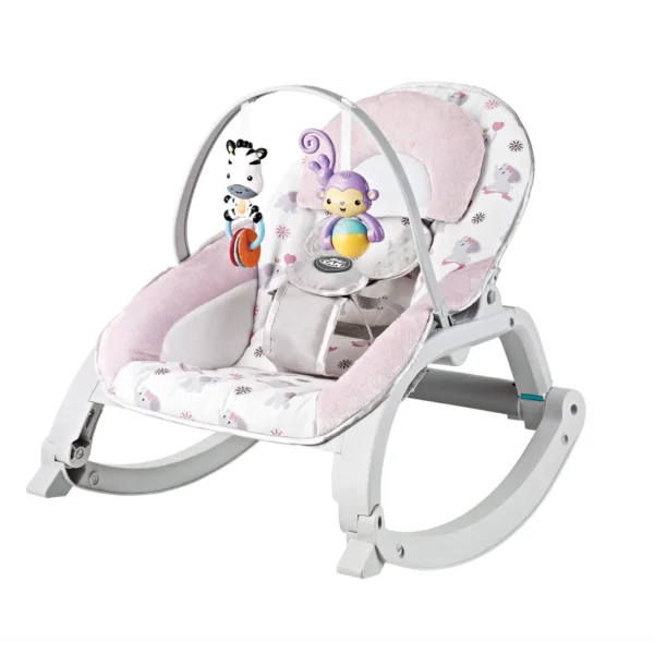 Baby bouncer Baby Cam rosado con juguetes colgantes y diseño de animales