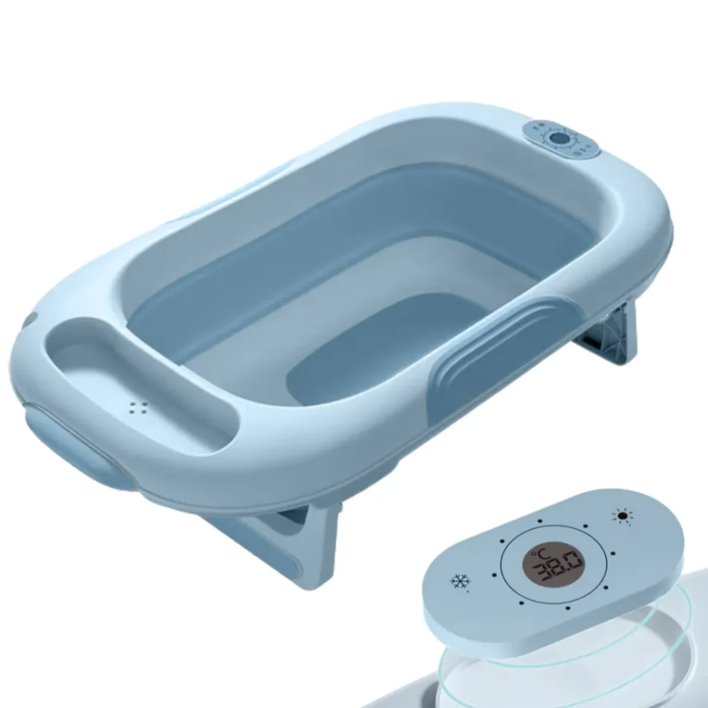 Bañera para bebé plegable azul con medidor digital de temperatura