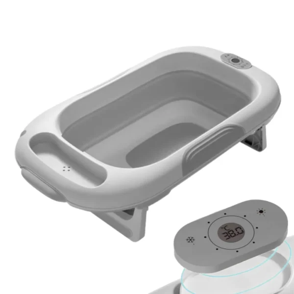 Bañera para bebé plegable gris con medidor digital de temperatura