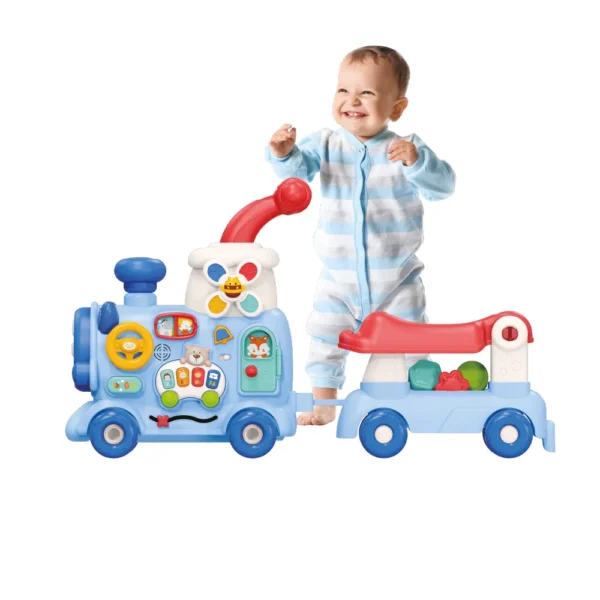 Tren montable Baby Cam azul con juegos interactivos y sonidos.