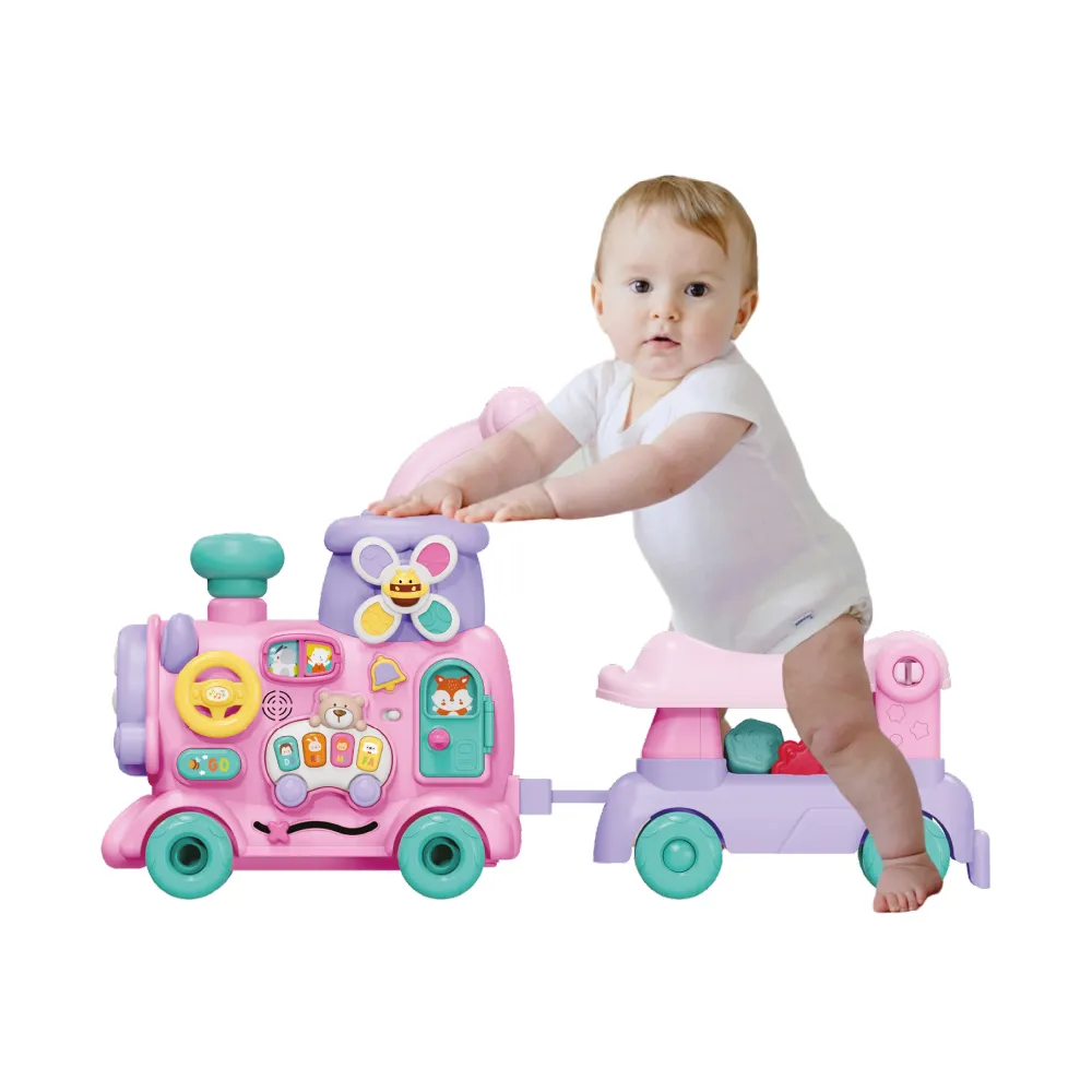 Tren montable Baby Cam rosado con juegos interactivos y sonidos.