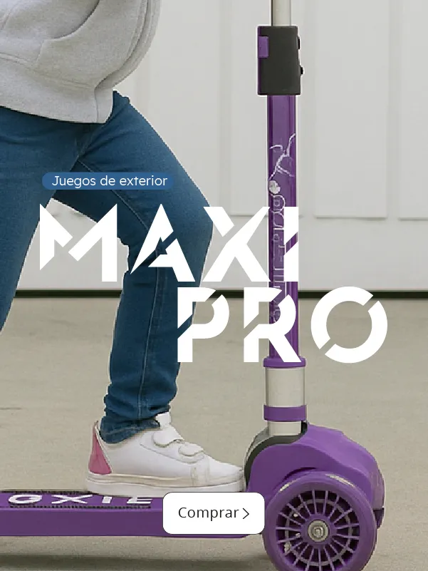 Banner de scooter Maxi Pro Oxie Pro para adolescentes, con capacidad de 120 kg e incluye mochila. Niño y adolescente usando el scooter en exteriores.