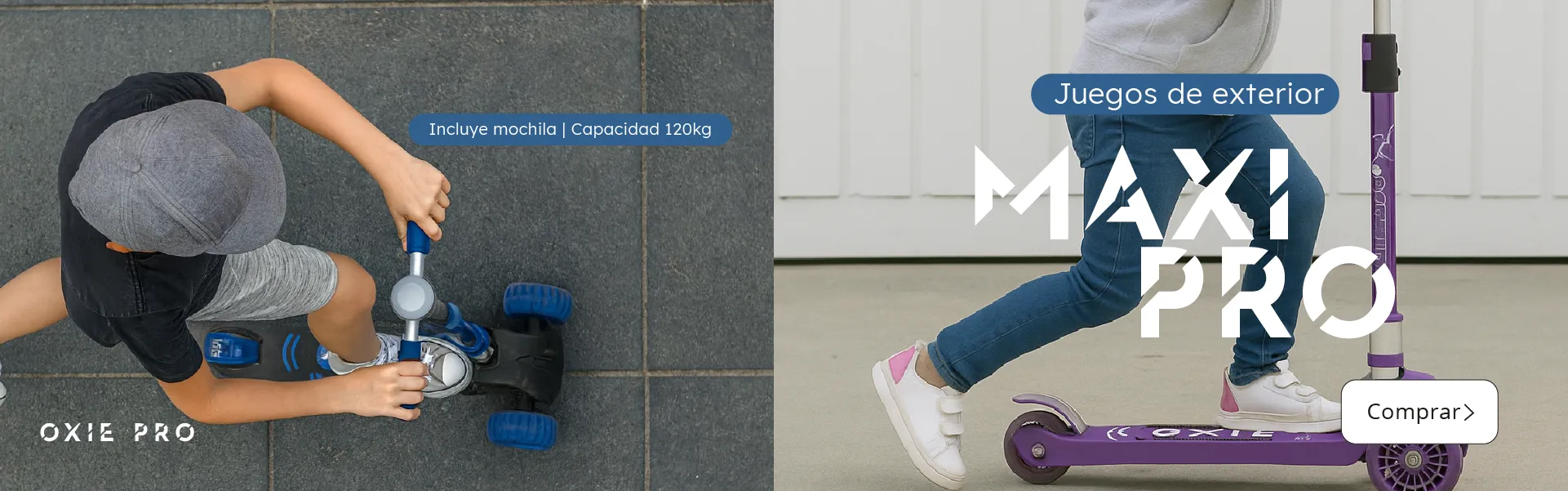 Banner de scooter Maxi Pro Oxie Pro para adolescentes, con capacidad de 120 kg e incluye mochila. Niño y adolescente usando el scooter en exteriores.