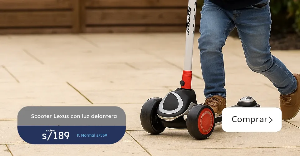 Banner de scooter Lexus con luz delantera, color negro con detalles rojos y blancos, usado por niño en exterior, mostrando precio en oferta sobre fondo de piso claro.