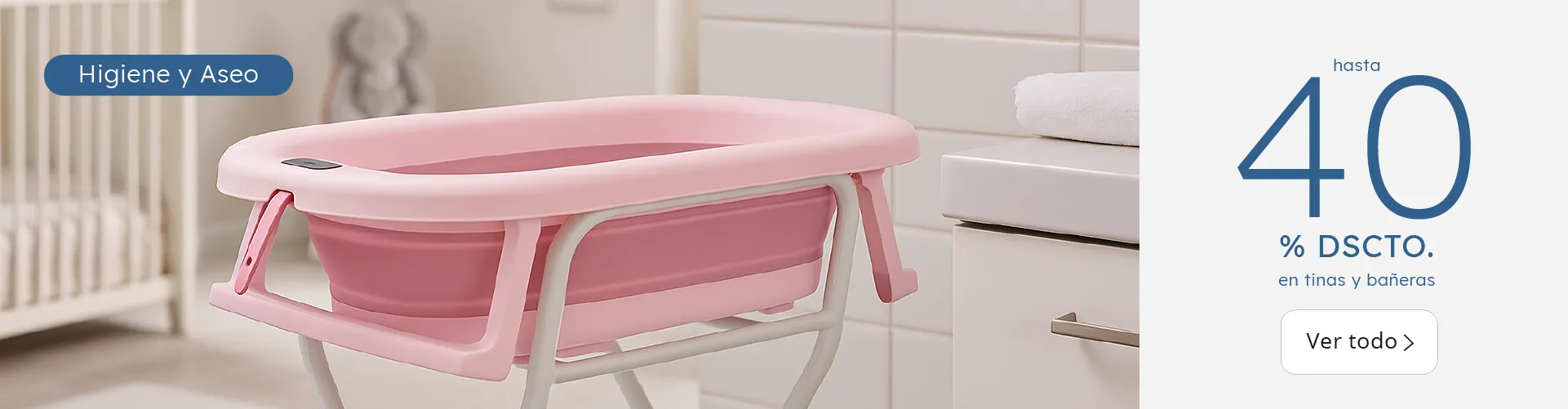 Banner de tina plegable color rosado sobre soporte blanco, en un baño moderno, con texto promocional de hasta 40% de descuento en tinas y bañeras para bebé.