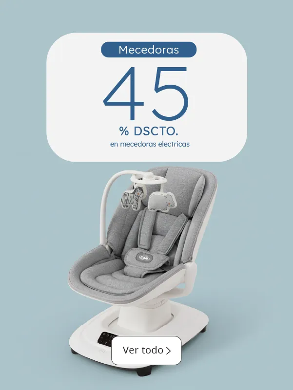 “Mecedora eléctrica Baby Cam color gris con juguetes colgantes, en oferta 45% de descuento en Cleekid.”