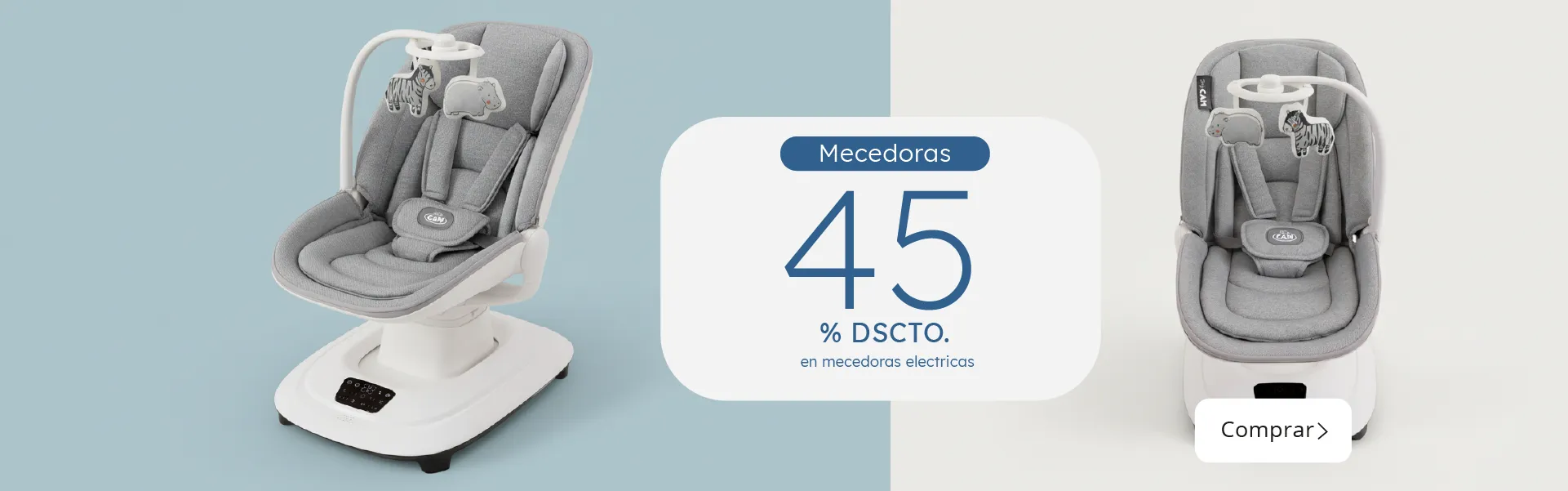“Mecedora eléctrica Baby Cam color gris con juguetes colgantes, en oferta 45% de descuento en Cleekid.”