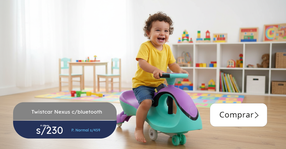 “Niño jugando con twistcar Nexus con bluetooth en color turquesa y morado dentro de una sala infantil, oferta a S/230 en Cleekid.”