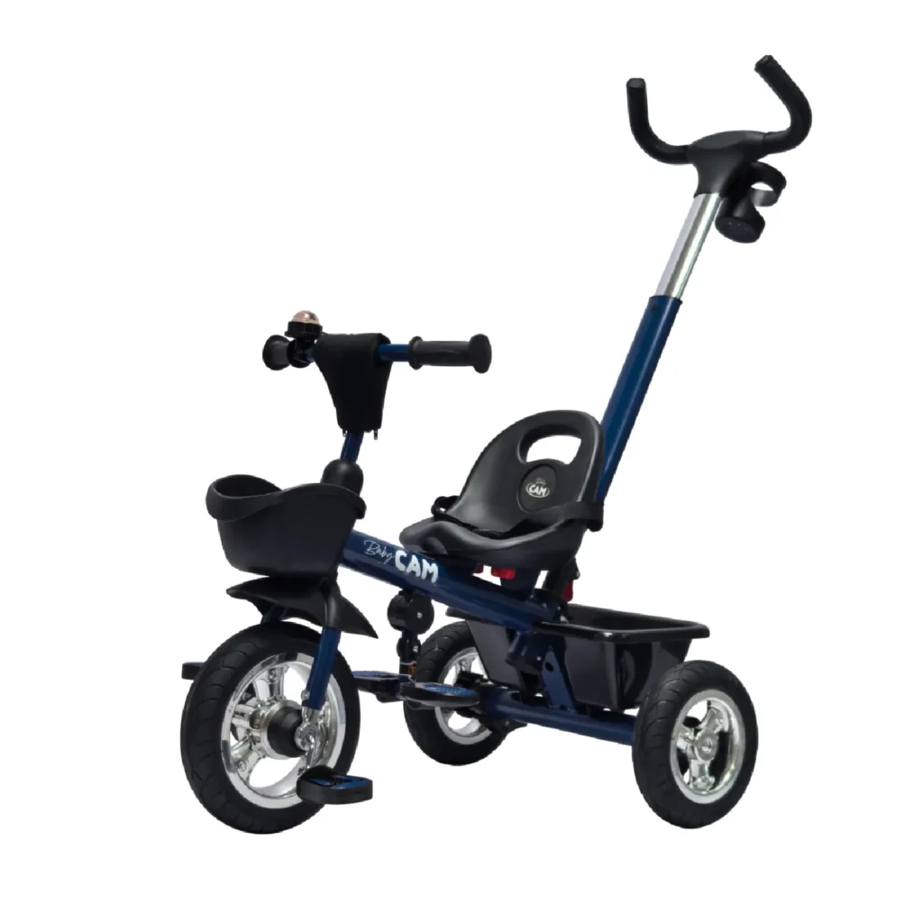 Triciclo para bebé Baby Cam color azul con manija de empuje, asiento ergonómico, canastilla y ruedas resistentes para paseos seguros
