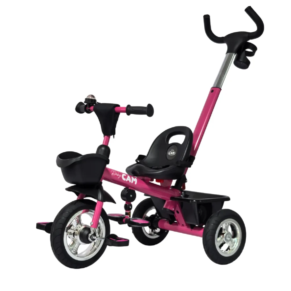 Triciclo para bebé Baby Cam color fucsia con manija de empuje, asiento ergonómico, canastilla y ruedas resistentes para paseos seguros
