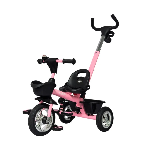 Triciclo para bebé Baby Cam color rosado con manija de empuje, asiento ergonómico, canastilla y ruedas resistentes para paseos seguros