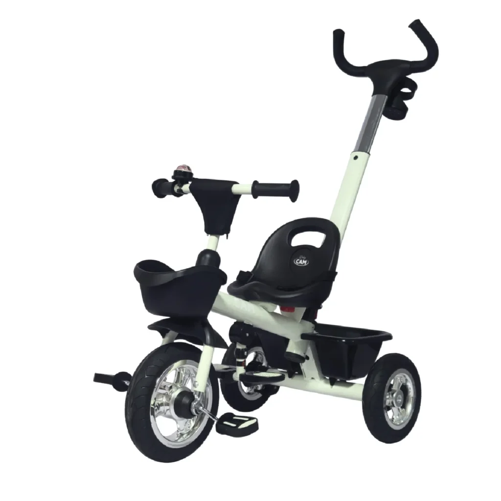 Triciclo para bebé Baby Cam color verde con manija de empuje, asiento ergonómico, canastilla y ruedas resistentes para paseos seguros