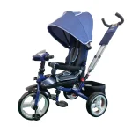 Triciclo para bebé modelo ford color azul con capota, asiento acolchado y manija de empuje, disponible en Cleekid