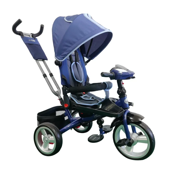 Triciclo para bebé modelo ford color azul con capota, asiento acolchado y manija de empuje, disponible en Cleekid
