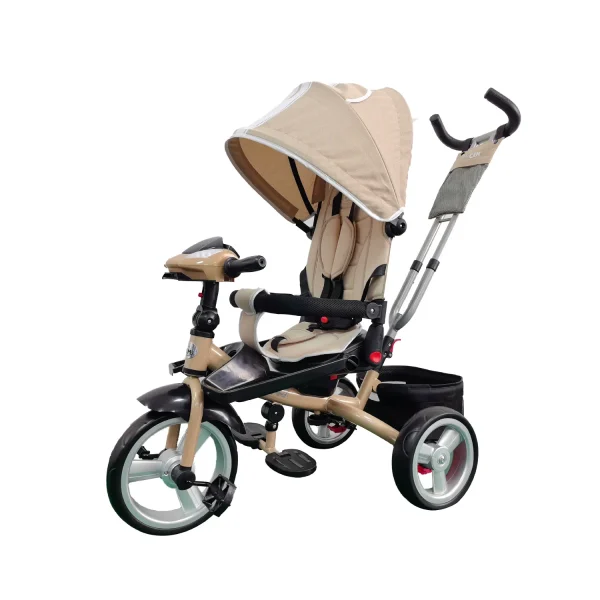 Triciclo para bebé modelo ford color beige con capota, asiento acolchado y manija de empuje, disponible en Cleekid