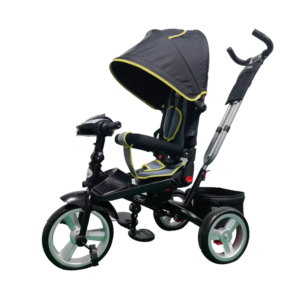 Triciclo para bebé modelo ford color gris con capota, asiento acolchado y manija de empuje, disponible en Cleekid
