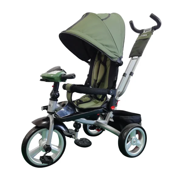 Triciclo para bebé modelo ford color verde con capota, asiento acolchado y manija de empuje, disponible en Cleekid