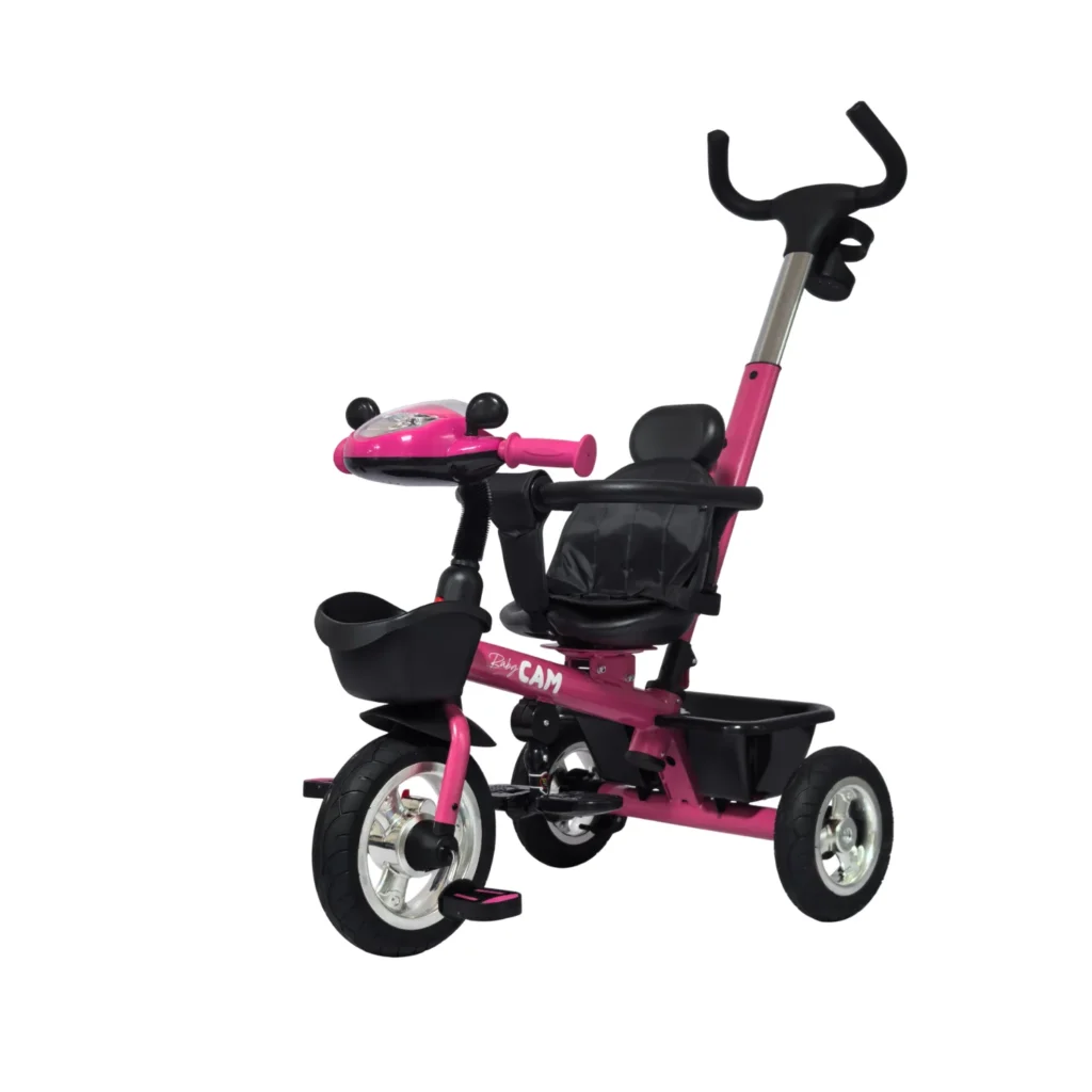 Triciclo para bebé color fucsia Baby Cam con manija de empuje, asiento acolchado y ruedas resistentes, ideal para paseos seguros
