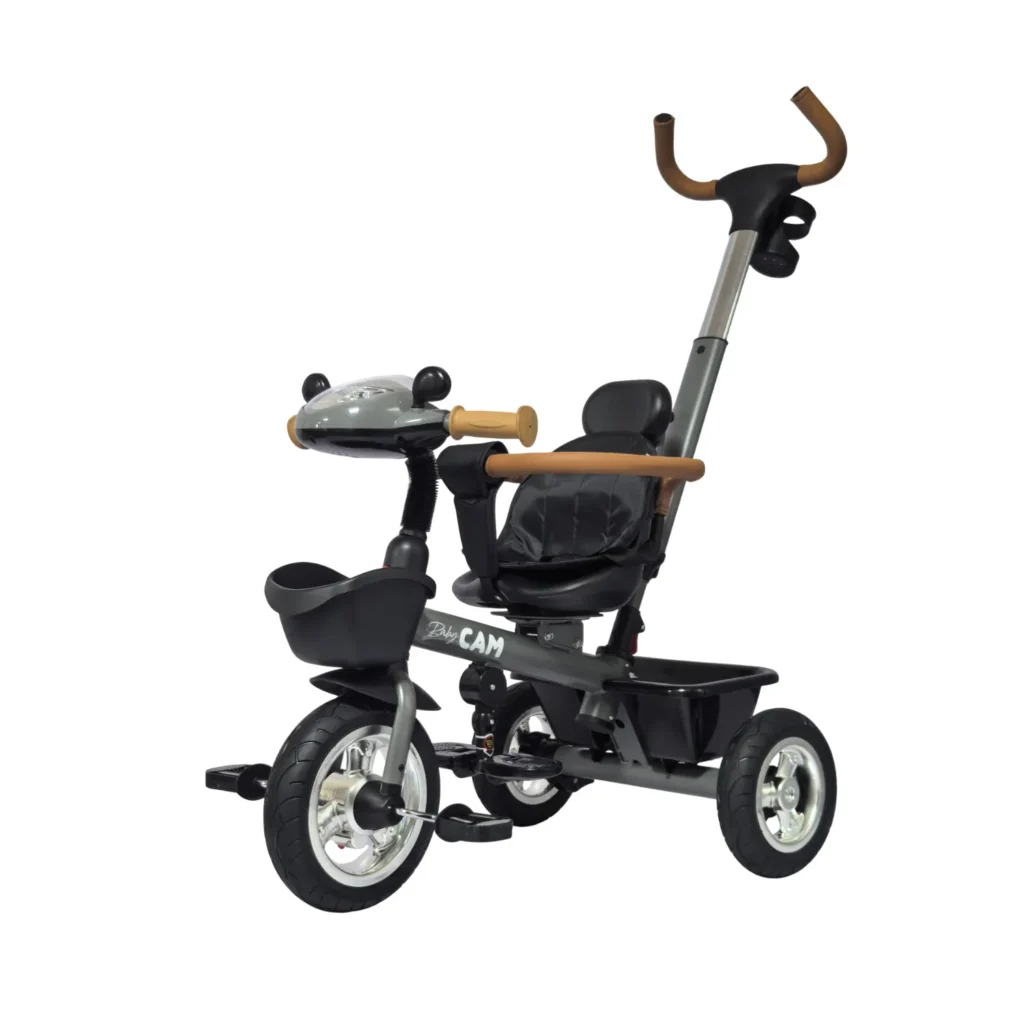 Triciclo para bebé color gris Baby Cam con manija de empuje, asiento acolchado y ruedas resistentes, ideal para paseos seguros
