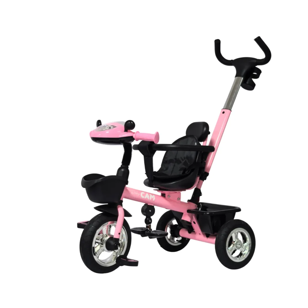 Triciclo para bebé color rosado Baby Cam con manija de empuje, asiento acolchado y ruedas resistentes, ideal para paseos seguros