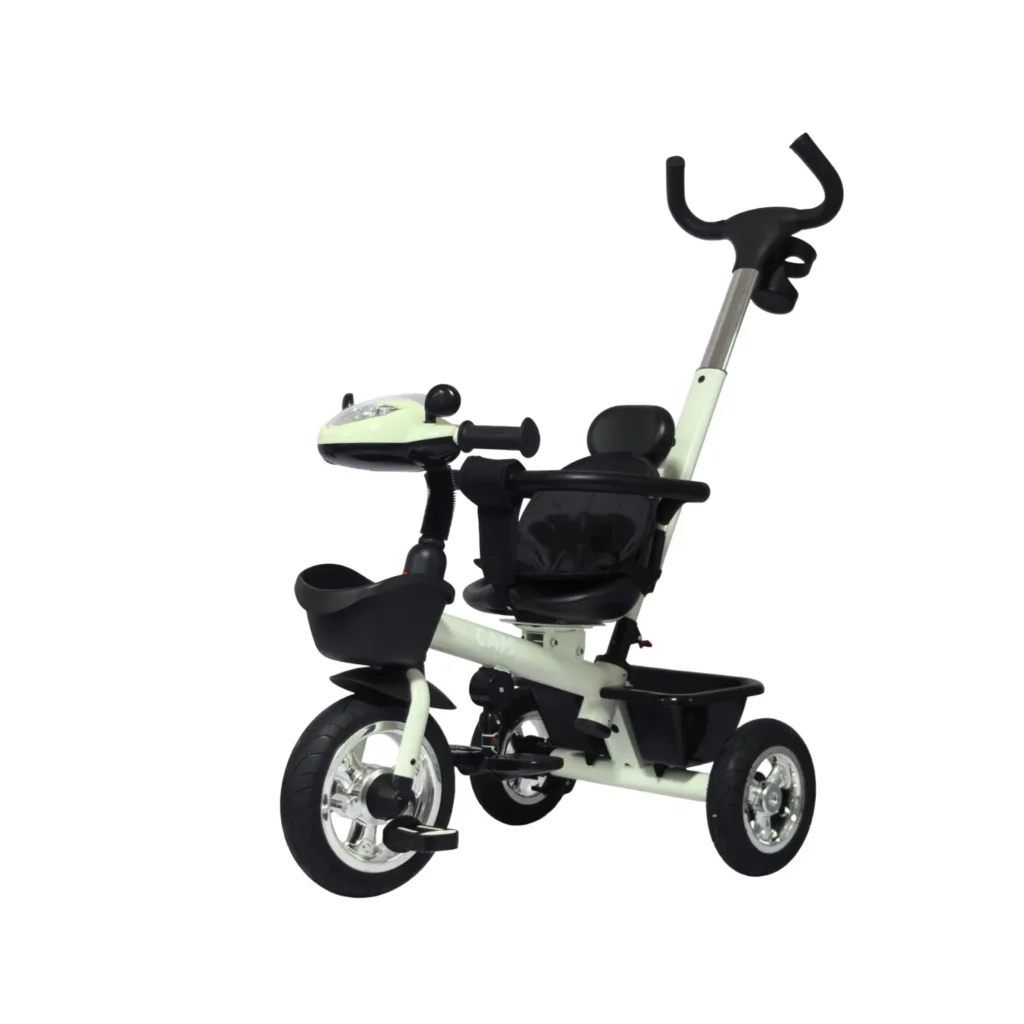 Triciclo para bebé color verde Baby Cam con manija de empuje, asiento acolchado y ruedas resistentes, ideal para paseos seguros