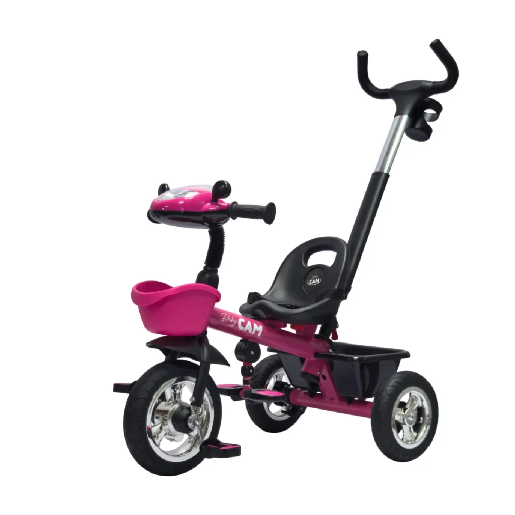 Triciclo saibot para bebé Baby Cam color fucsia, manija de empuje, asiento ergonómico y ruedas estables para paseos seguros.