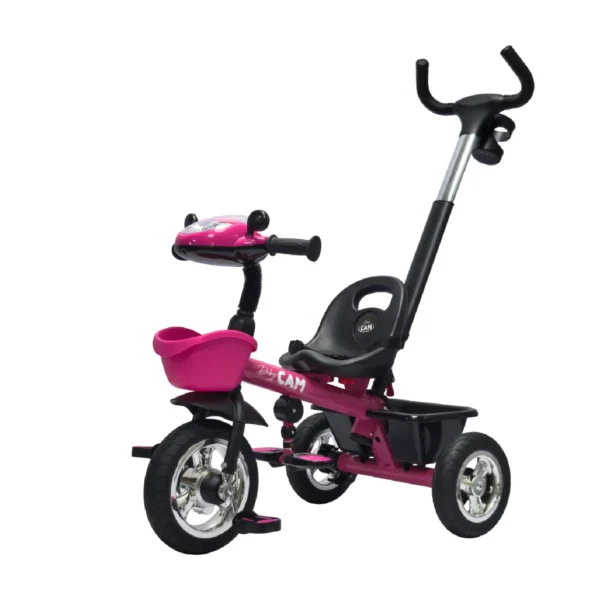 Triciclo saibot para bebé Baby Cam color fucsia, manija de empuje, asiento ergonómico y ruedas estables para paseos seguros.