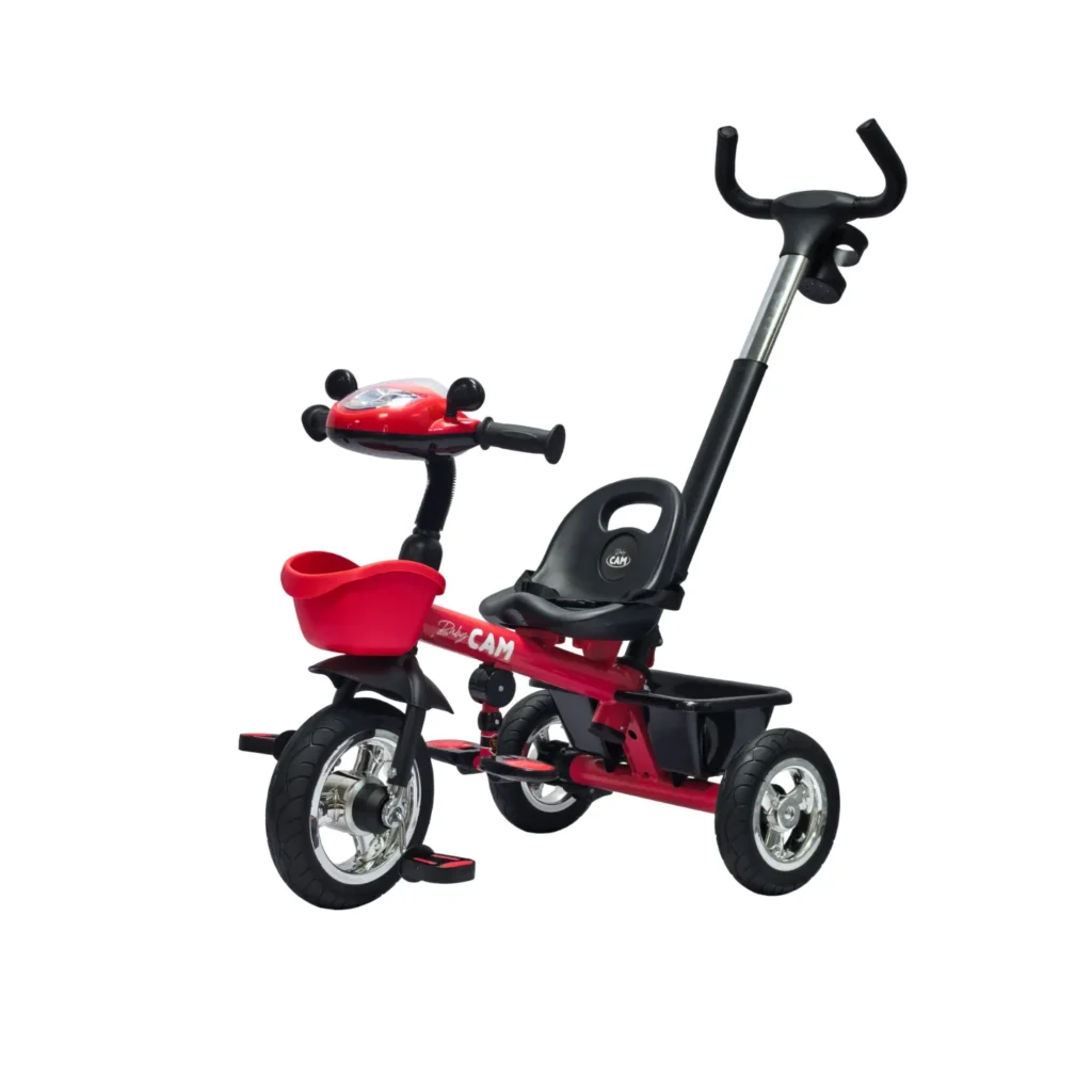 Triciclo saibot para bebé Baby Cam color rojo, manija de empuje, asiento ergonómico y ruedas estables para paseos seguros.