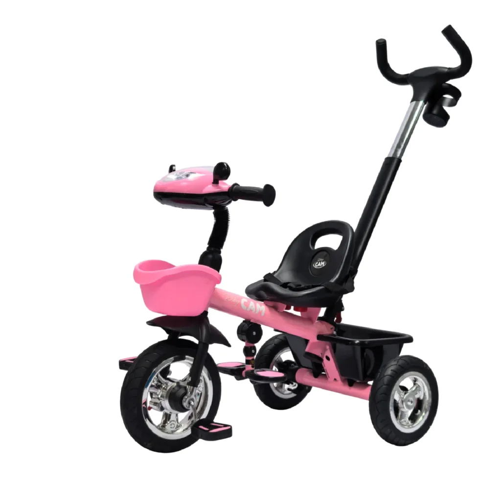 Triciclo saibot para bebé Baby Cam color rosado, manija de empuje, asiento ergonómico y ruedas estables para paseos seguros.