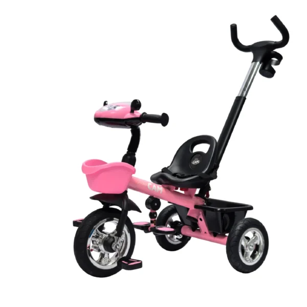 Triciclo saibot para bebé Baby Cam color rosado, manija de empuje, asiento ergonómico y ruedas estables para paseos seguros.