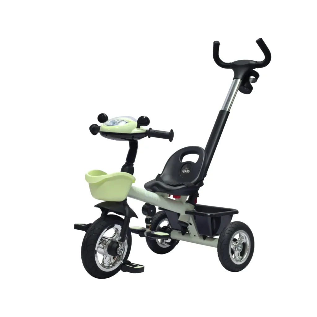 Triciclo saibot para bebé Baby Cam color gris, manija de empuje, asiento ergonómico y ruedas estables para paseos seguros.