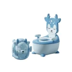 Bacín de entrenamiento infantil para bebé color azul con diseño baby cam, asiento cómodo y respaldo, ideal para el aprendizaje del baño.