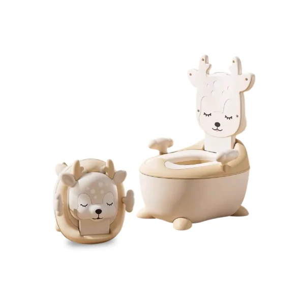Bacín de entrenamiento infantil para bebé color beige con diseño baby cam, asiento cómodo y respaldo, ideal para el aprendizaje del baño.