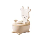 Bacín de entrenamiento infantil para bebé color beige con diseño baby cam, asiento cómodo y respaldo, ideal para el aprendizaje del baño.