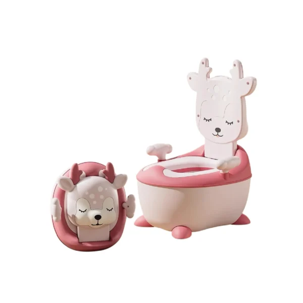 Bacín de entrenamiento infantil para bebé color rosado con diseño baby cam, asiento cómodo y respaldo, ideal para el aprendizaje del baño.