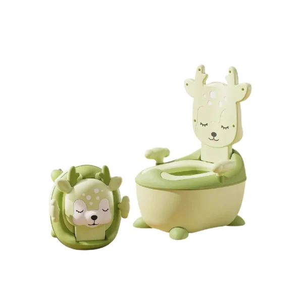 Bacín de entrenamiento infantil para bebé color verde con diseño baby cam, asiento cómodo y respaldo, ideal para el aprendizaje del baño.