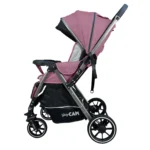 Coche para bebé Beverly Baby Cam color rosado con capota amplia, asiento acolchado y ruedas grandes para paseos cómodos y seguros.