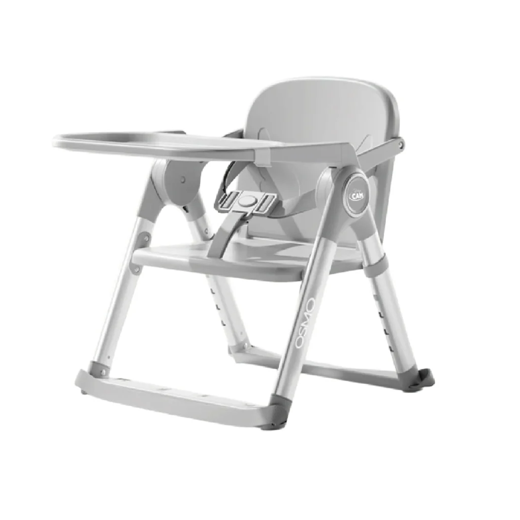 Silla de comer Osmo Baby Cam color gris con bandeja desmontable y estructura estable, ideal para bebés.
