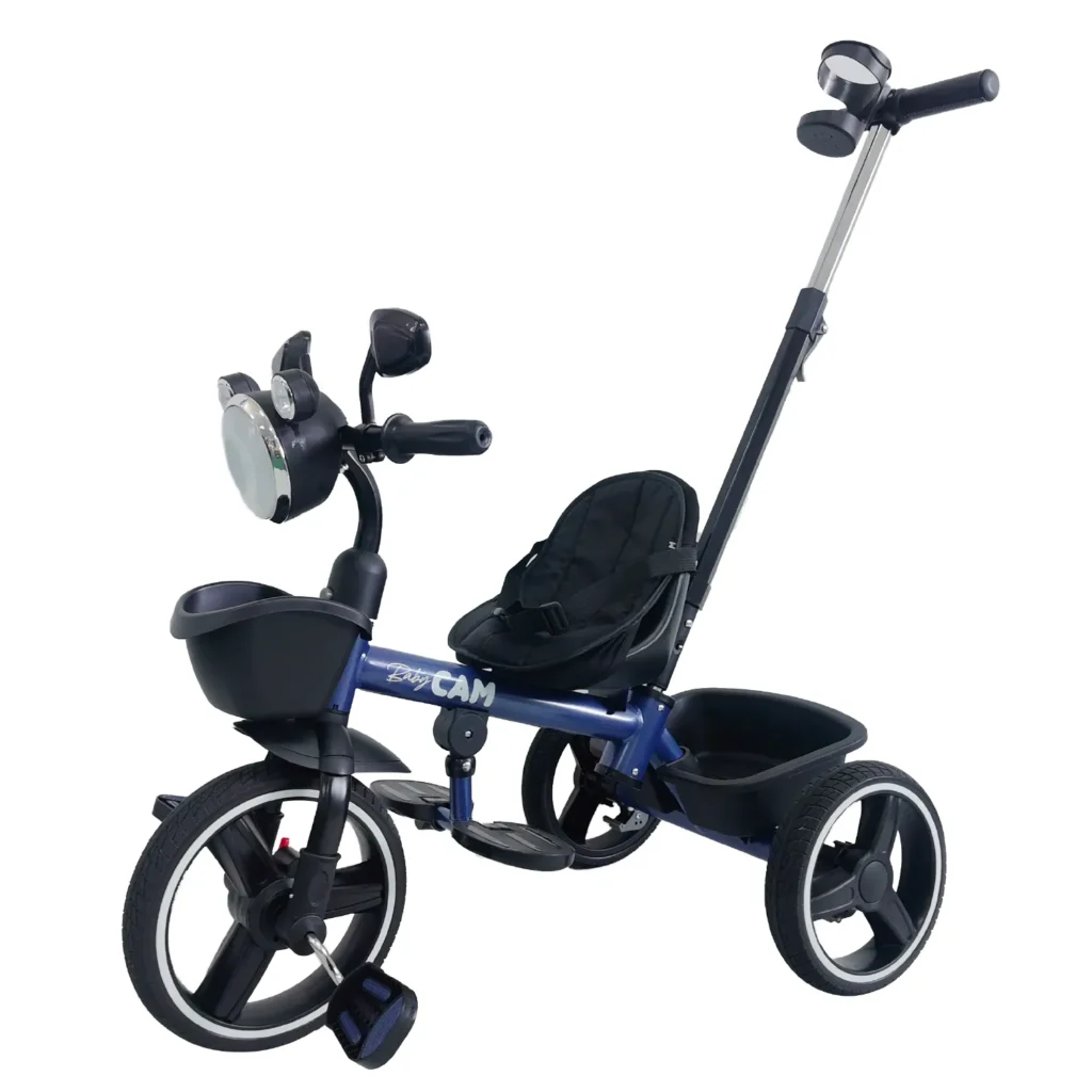 Triciclo para bebé Baby Cam tipo chopper color azul con manija de empuje, asiento acolchado, canastilla y ruedas grandes para paseos seguros.