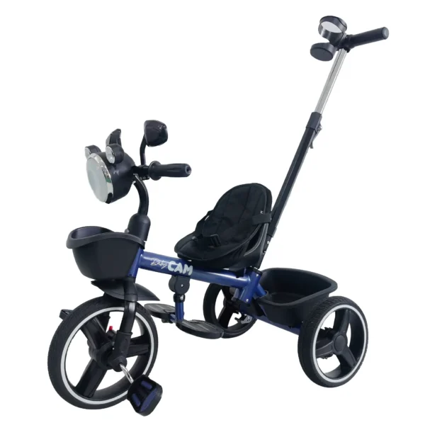 Triciclo para bebé Baby Cam tipo chopper color azul con manija de empuje, asiento acolchado, canastilla y ruedas grandes para paseos seguros.