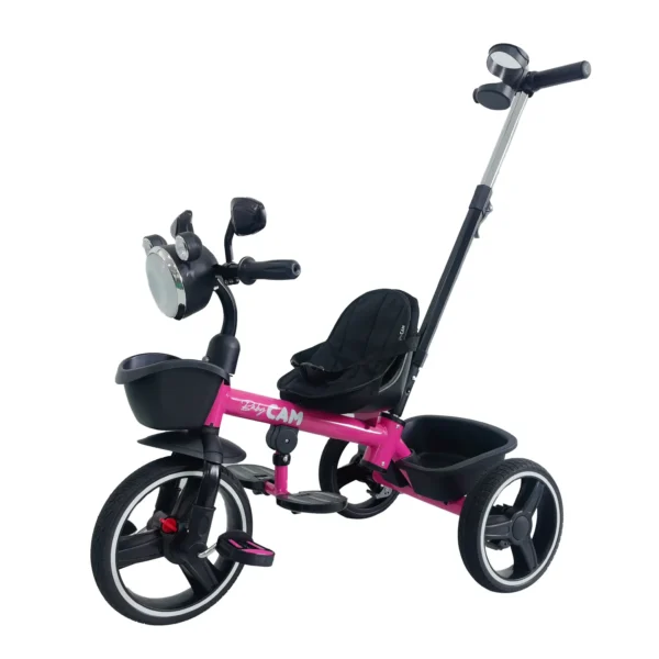 Triciclo para bebé Baby Cam tipo chopper color fucsia con manija de empuje, asiento acolchado, canastilla y ruedas grandes para paseos seguros.